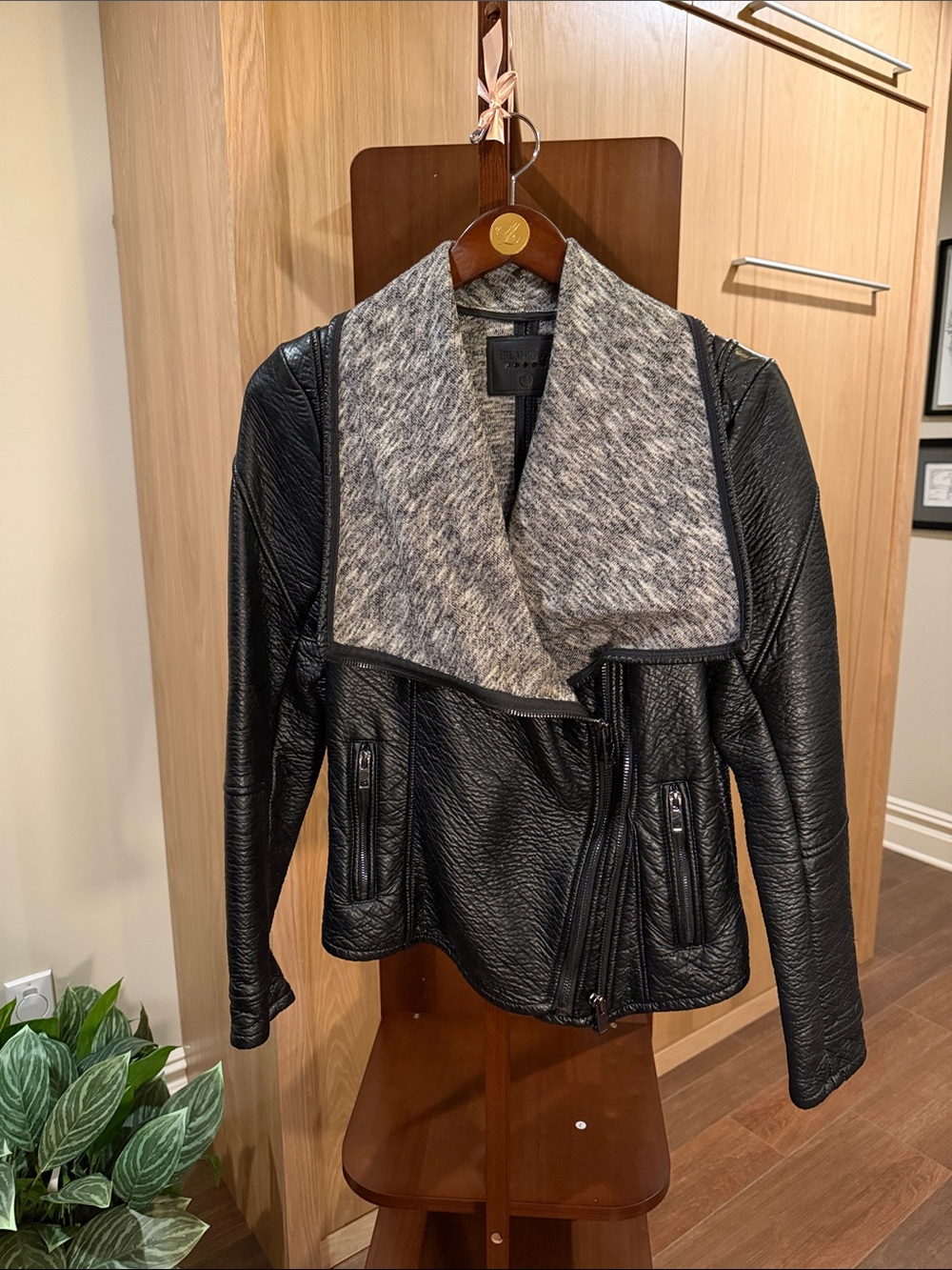 Blank NYC Black Faux Leather Jacket with Gray Shawl Collar